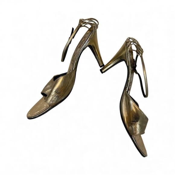 VINTAGE BALLY GOLD FOIL ANKLE WRAP HEELS SZ 6.5 ENGLAND - Picture 2 of 7